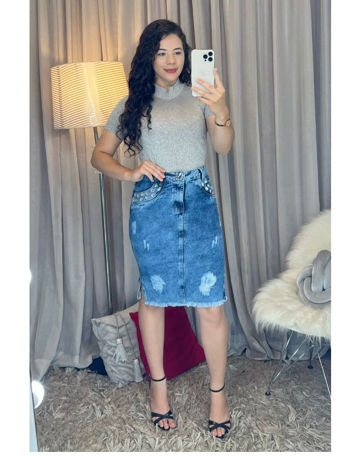 Saia jeans hot sale com pedraria