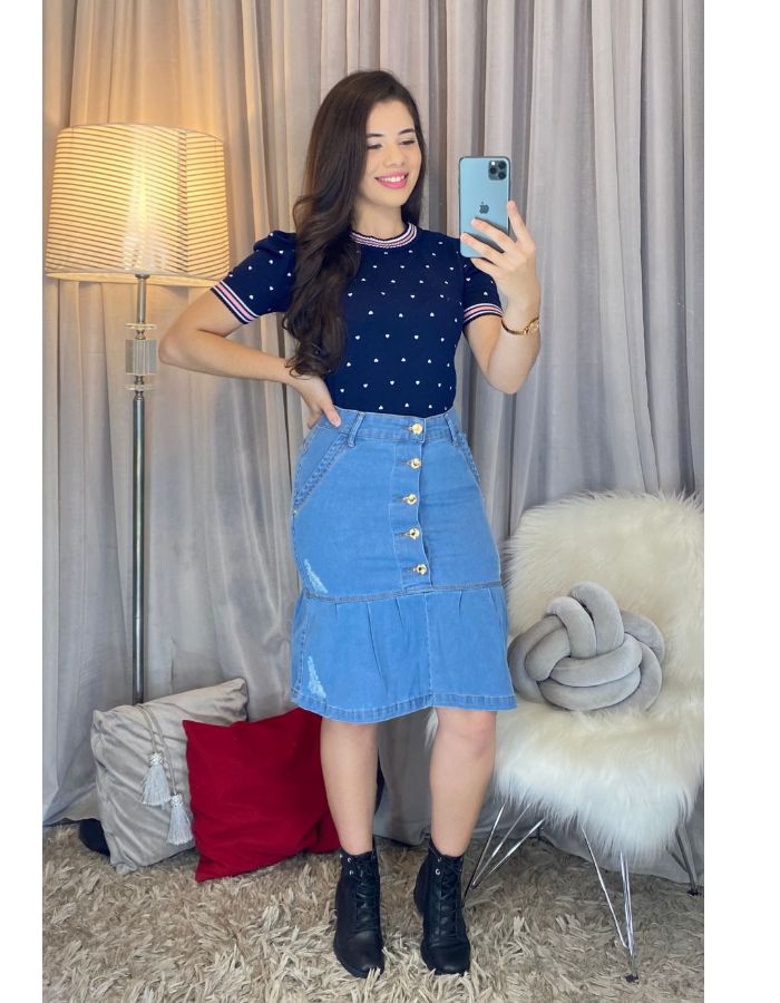 Saia jeans hot sale com babado